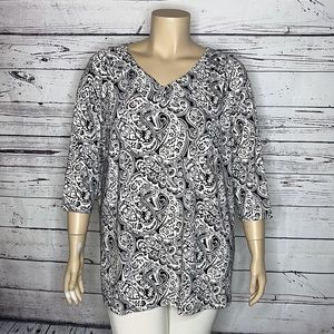 Talbots Plus NWT Sz 2X Black & White Paisley Print Knit Jersey V-Neck Blouse Top